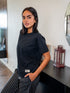 Women summer pajama set Black Tee + Black X White Stripes Pants